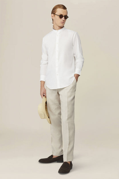 Casual men's shirt with mandarin collar and half button fastening, washed linen and cotton fabric