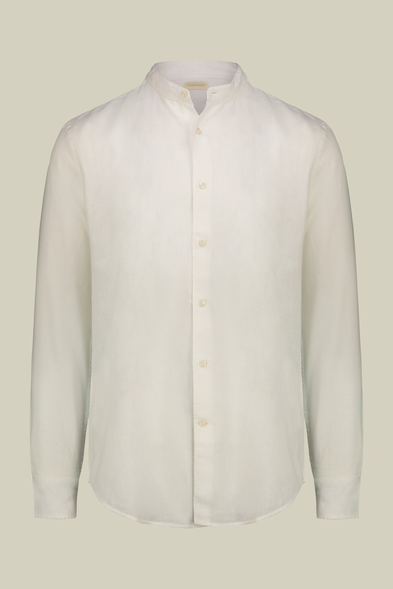 Casual men's shirt with mandarin collar and half button fastening, washed linen and cotton fabric