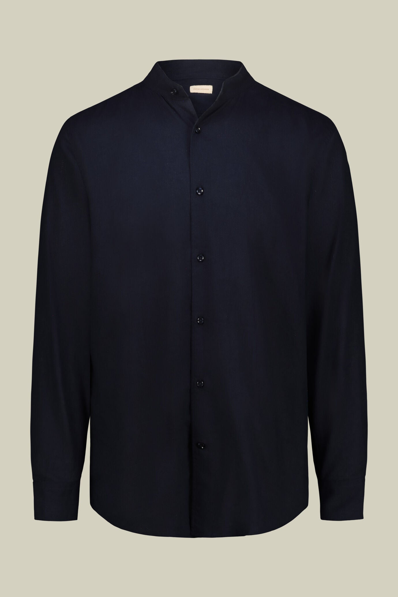 Casual men's shirt with mandarin collar and half button fastening, washed linen and cotton fabric