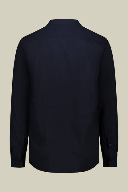 Casual men's shirt with mandarin collar and half button fastening, washed linen and cotton fabric