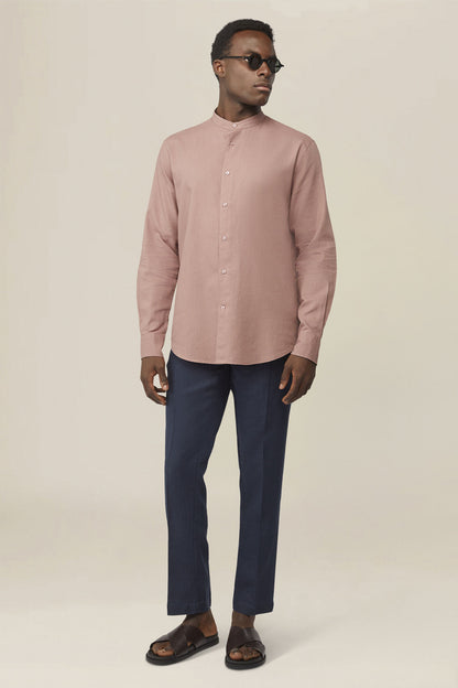 Casual men's shirt with mandarin collar and half button fastening, washed linen and cotton fabric