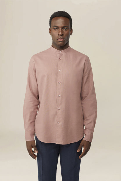 Casual men's shirt with mandarin collar and half button fastening, washed linen and cotton fabric