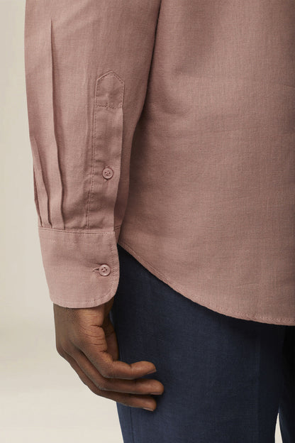 Casual men's shirt with mandarin collar and half button fastening, washed linen and cotton fabric