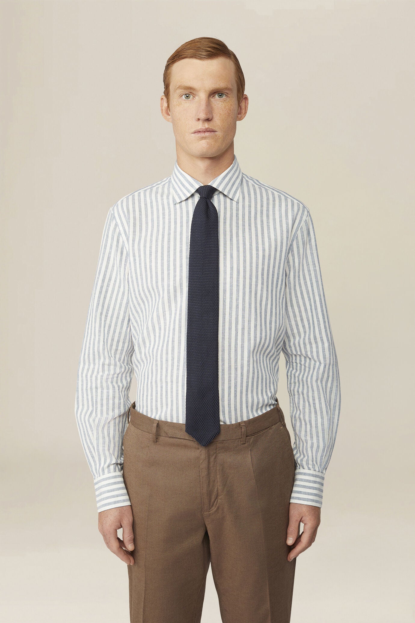 Men's casual shirt with French collar in striped washed linen and cotton fabric