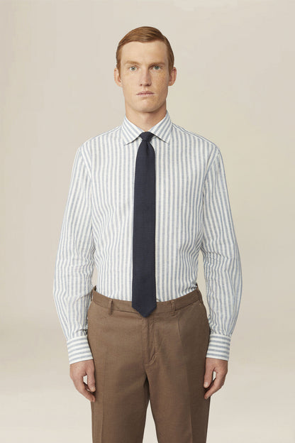 Men's casual shirt with French collar in striped washed linen and cotton fabric