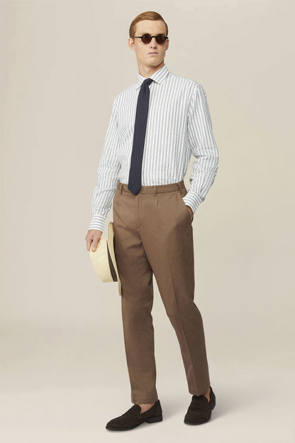 Men's casual shirt with French collar in striped washed linen and cotton fabric