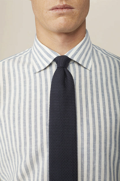 Men's casual shirt with French collar in striped washed linen and cotton fabric