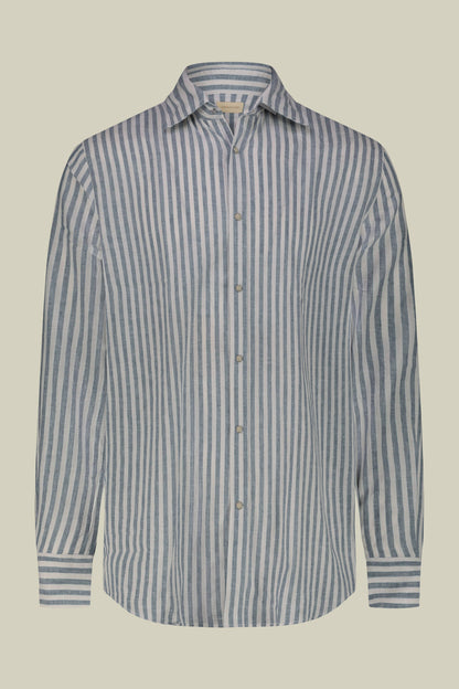 Men's casual shirt with French collar in striped washed linen and cotton fabric