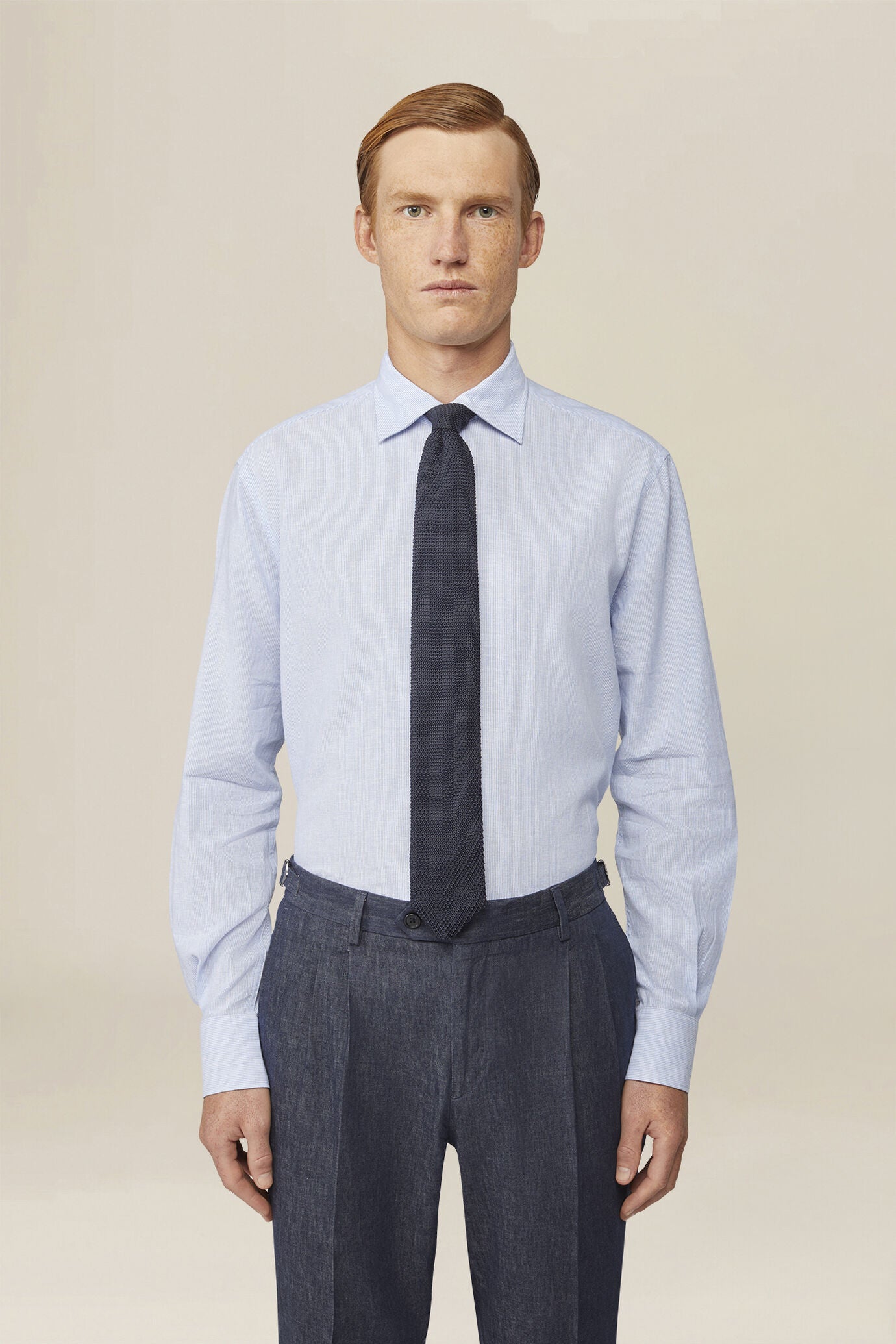 Men's casual shirt with French collar in striped washed linen and cotton fabric
