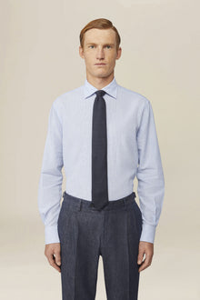 Men's casual shirt with French collar in striped washed linen and cotton fabric