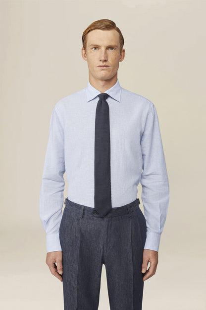 Men's casual shirt with French collar in striped washed linen and cotton fabric