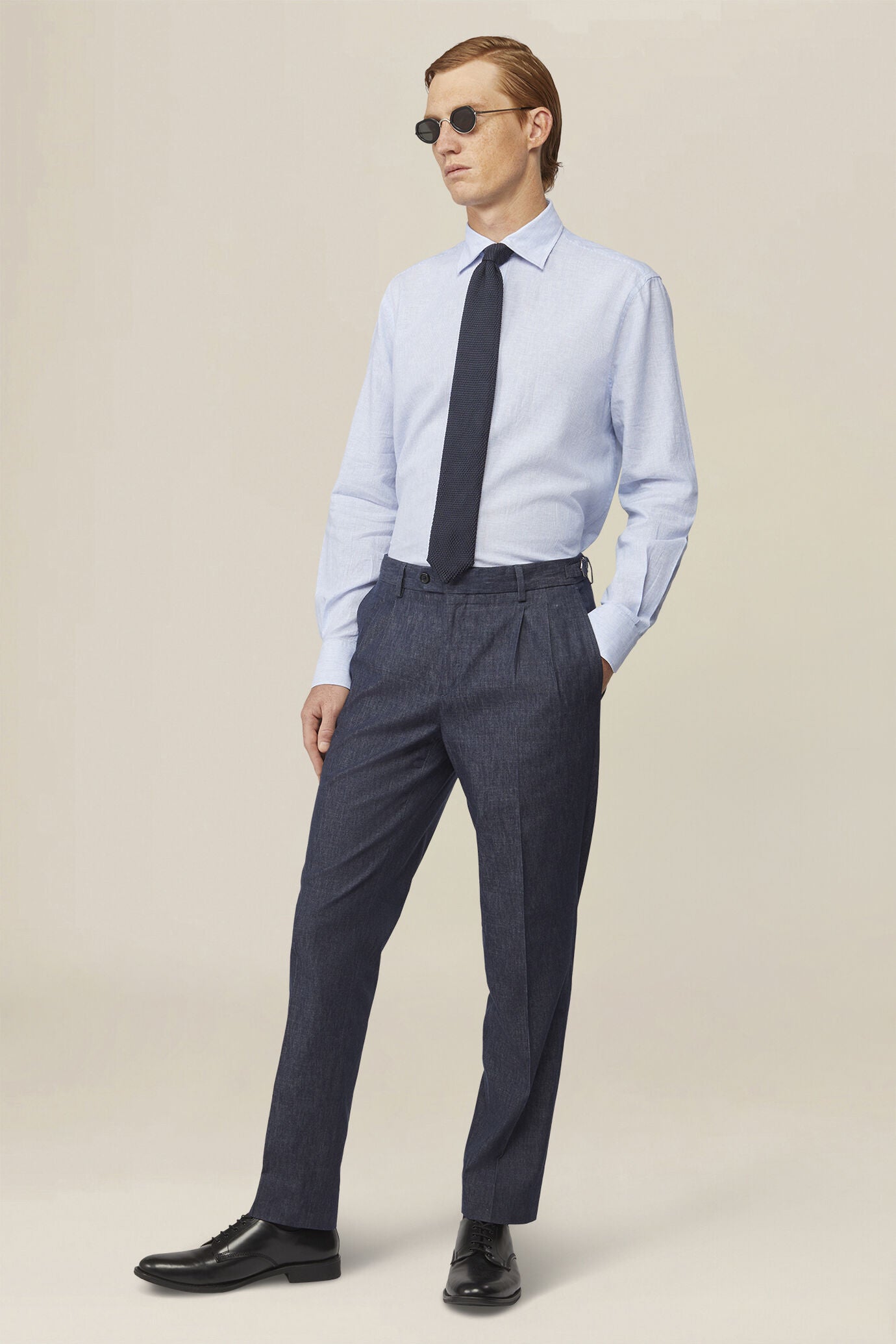 Men's casual shirt with French collar in striped washed linen and cotton fabric