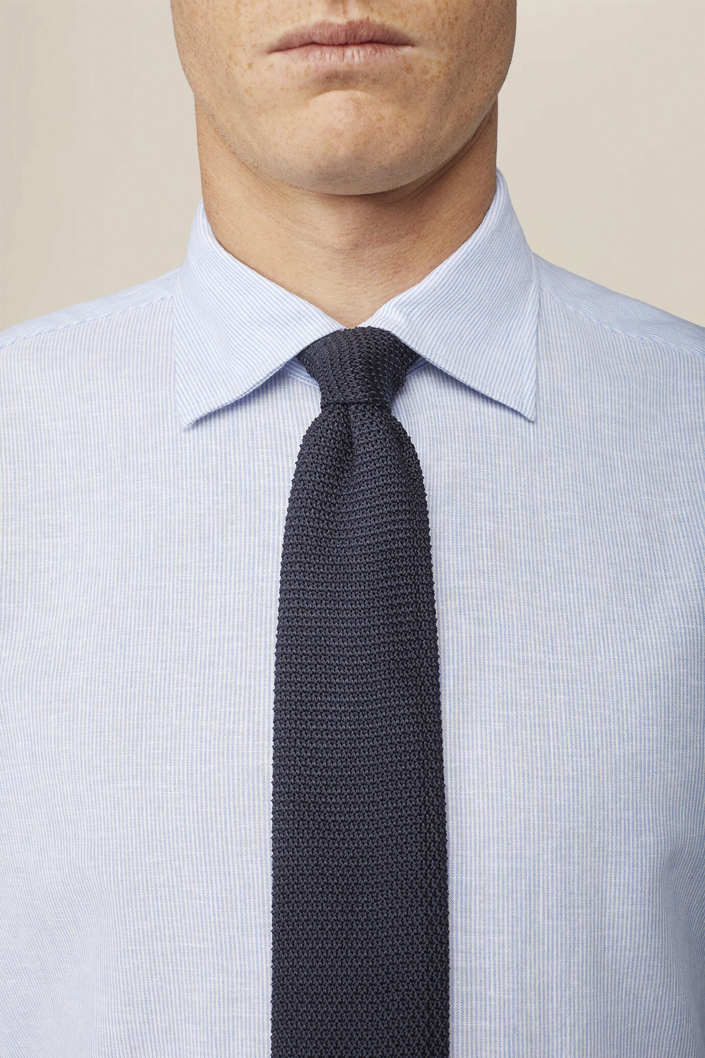 Men's casual shirt with French collar in striped washed linen and cotton fabric