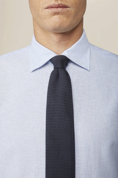 Men's casual shirt with French collar in striped washed linen and cotton fabric