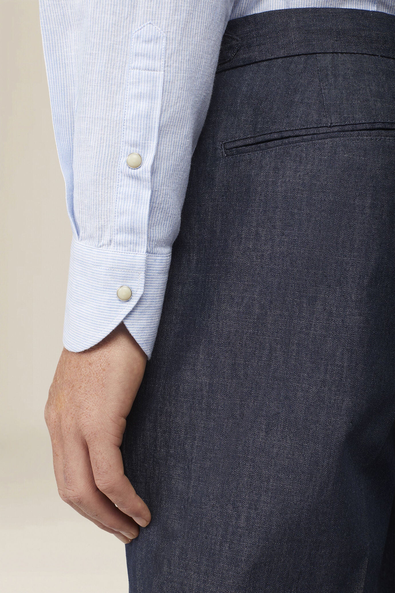 Men's casual shirt with French collar in striped washed linen and cotton fabric