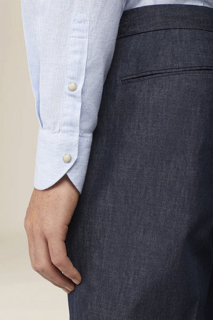 Men's casual shirt with French collar in striped washed linen and cotton fabric