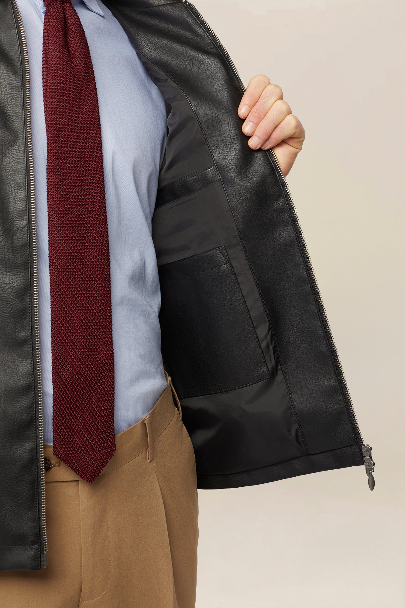 Men's regular fit jacket lined in hammered faux leather