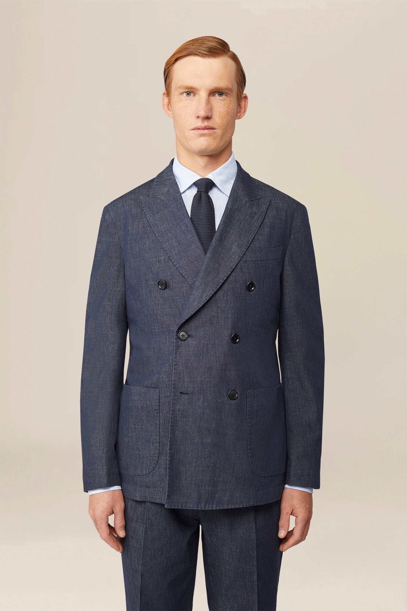 Men's unlined double-breasted jacket in linen and cotton chambray blend