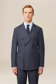 Men's unlined double-breasted jacket in linen and cotton chambray blend