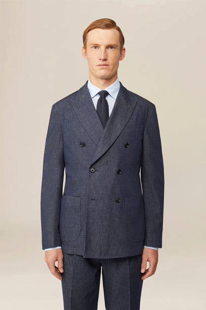 Men's unlined double-breasted jacket in linen and cotton chambray blend