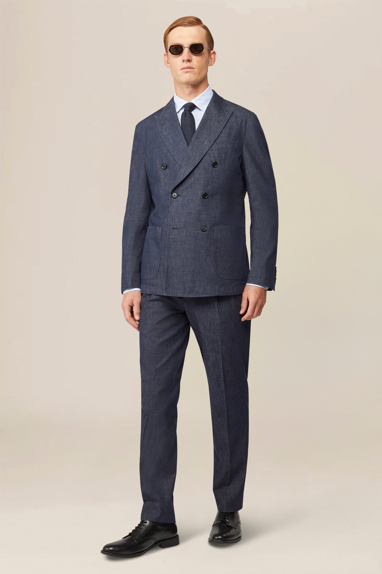 Men's unlined double-breasted jacket in linen and cotton chambray blend