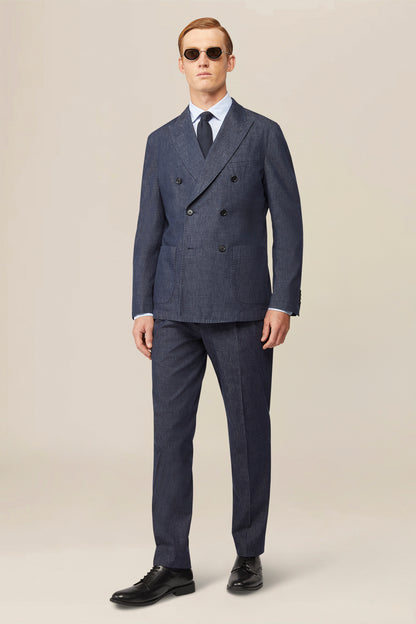 Men's unlined double-breasted jacket in linen and cotton chambray blend