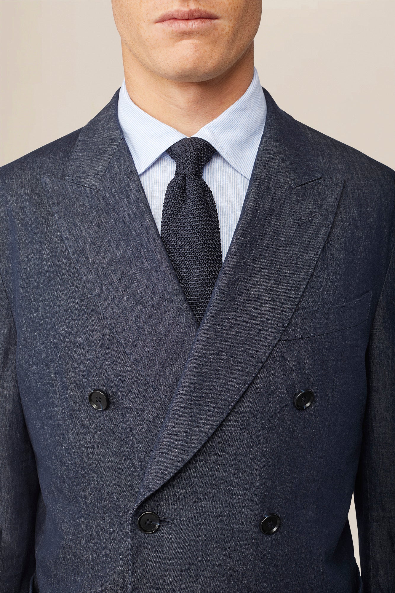 Men's unlined double-breasted jacket in linen and cotton chambray blend