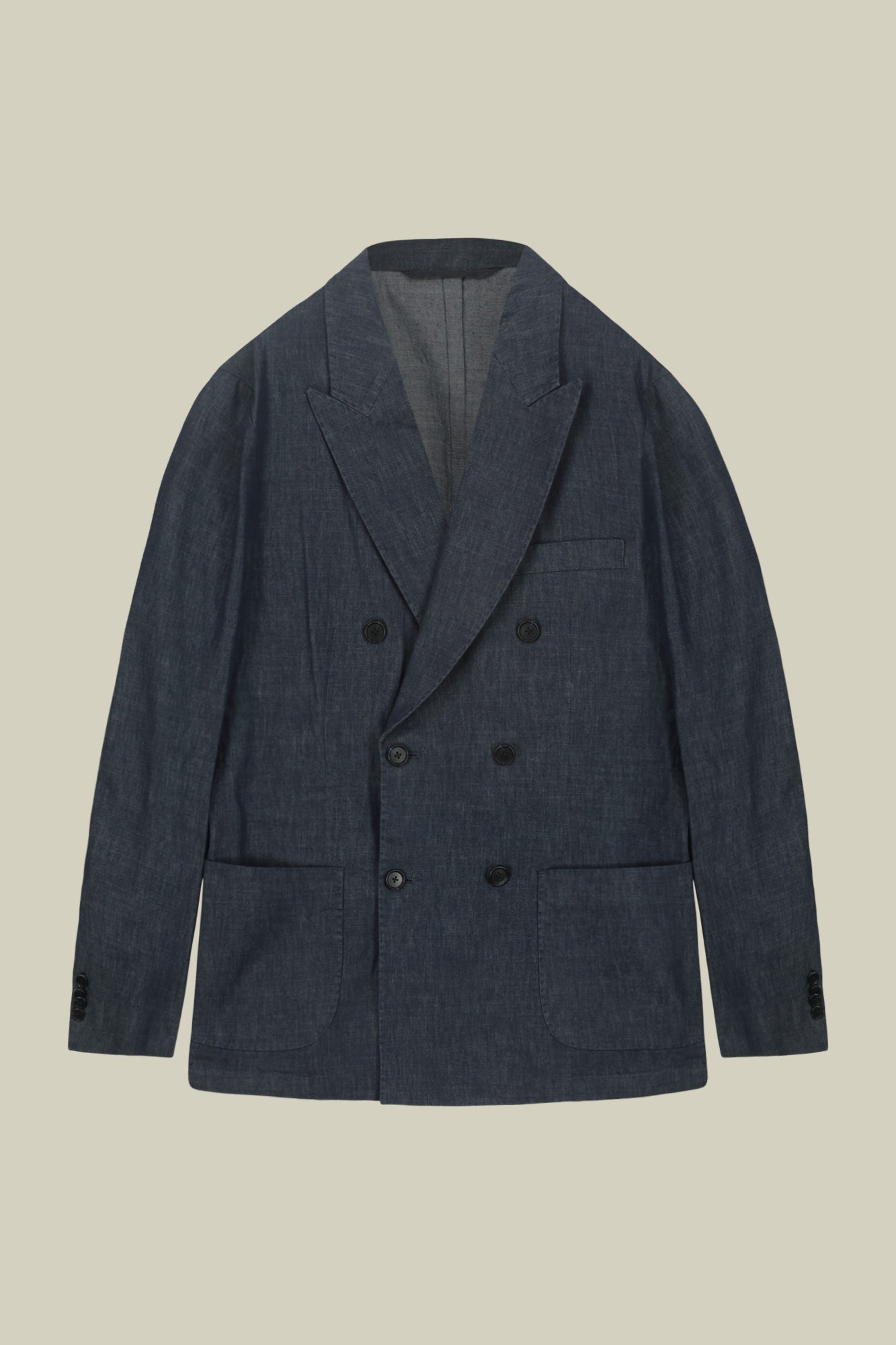 Men's unlined double-breasted jacket in linen and cotton chambray blend