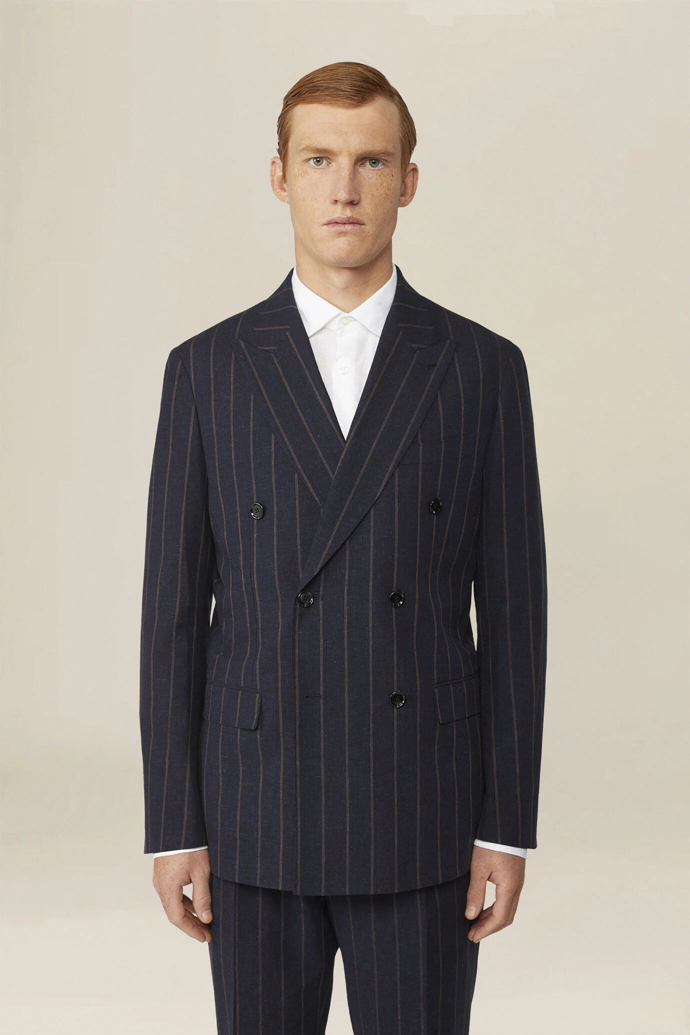 Unlined double-breasted men's jacket with pinstripe pattern