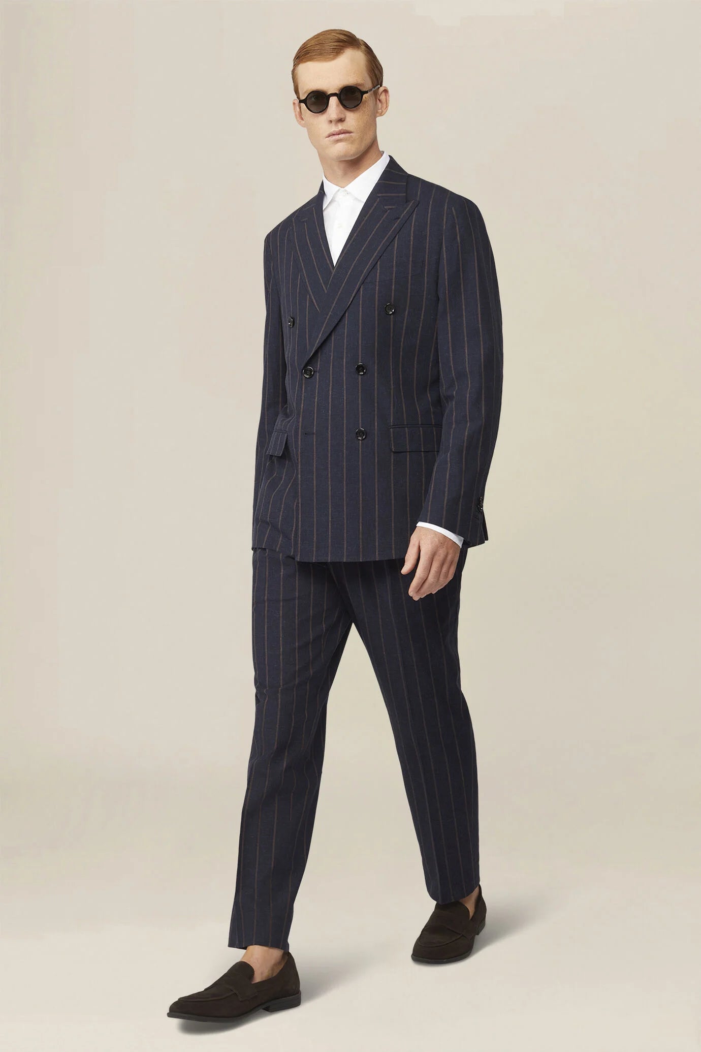 Unlined double-breasted men's jacket with pinstripe pattern