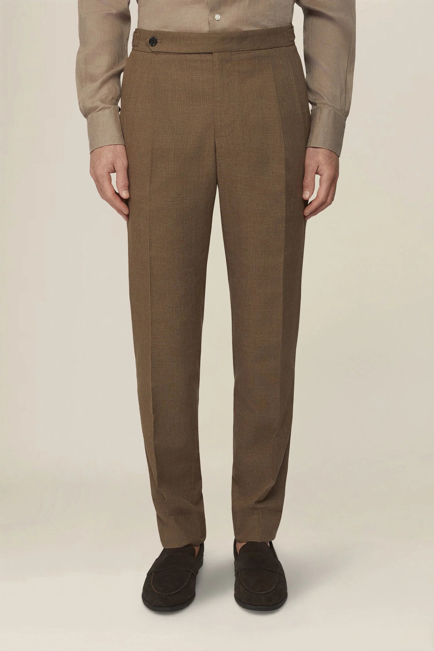 Men's Prince of Wales trousers with double pleats and side buckles