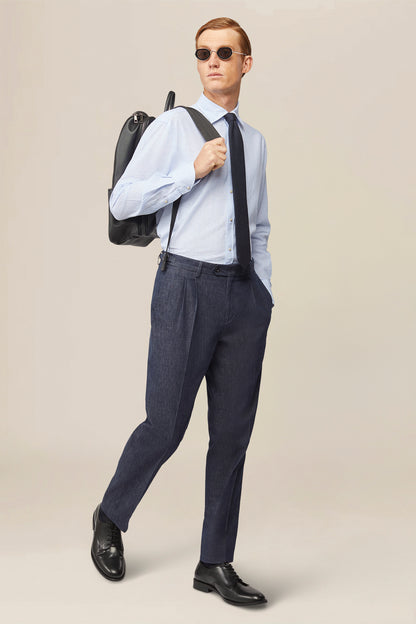 Men's trousers in chambray fabric with double pleats and side buckles