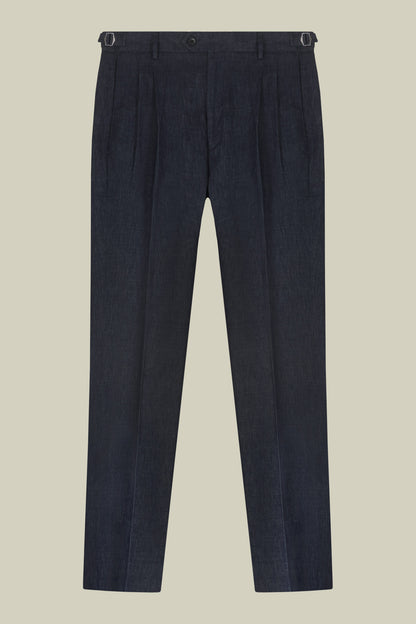 Men's trousers in chambray fabric with double pleats and side buckles