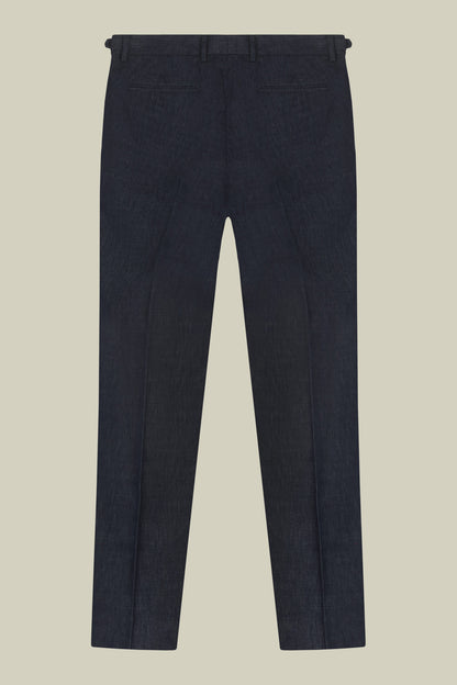 Men's trousers in chambray fabric with double pleats and side buckles