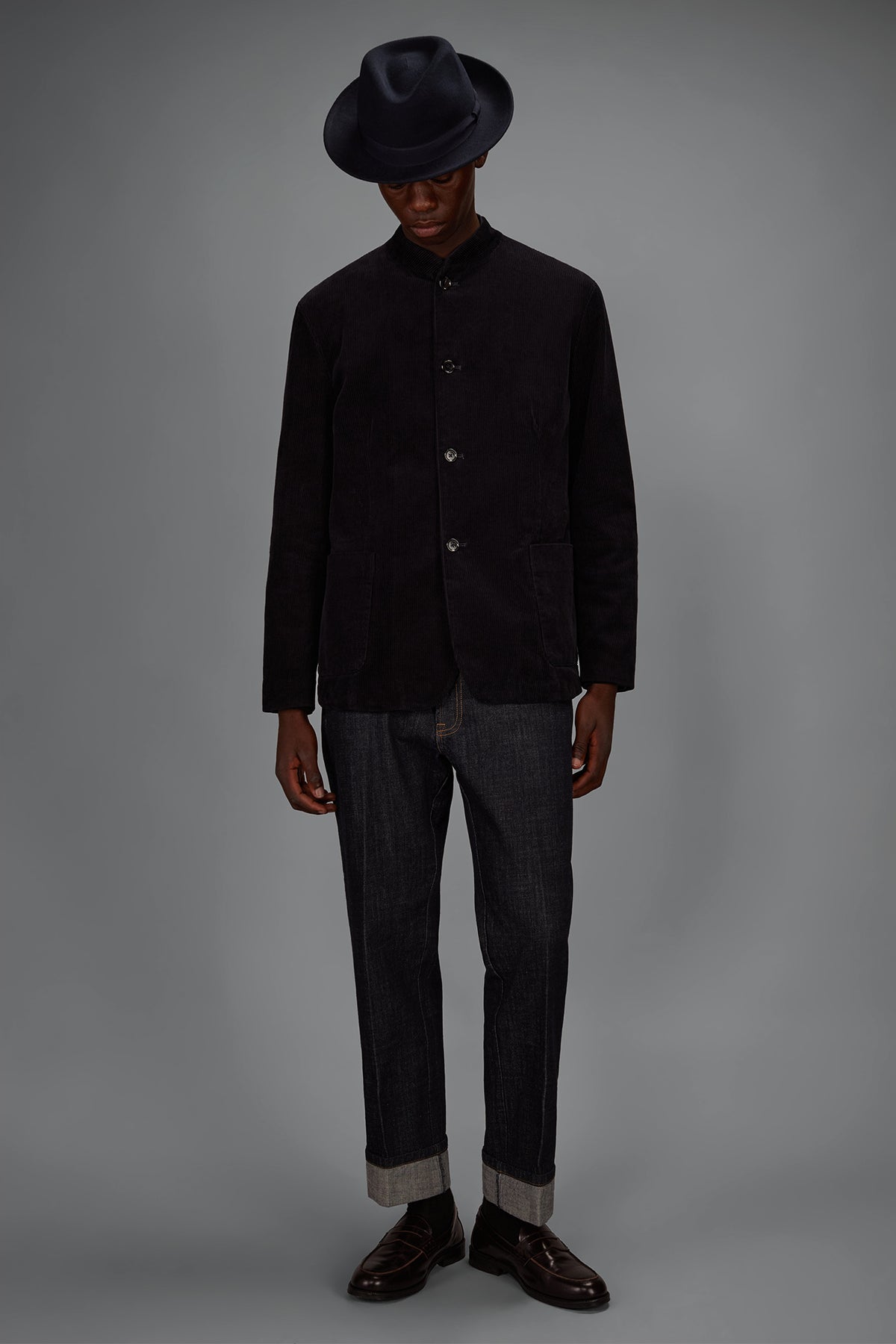 Men's regular fit jacket in cotton velvet with a Mandarin collar
