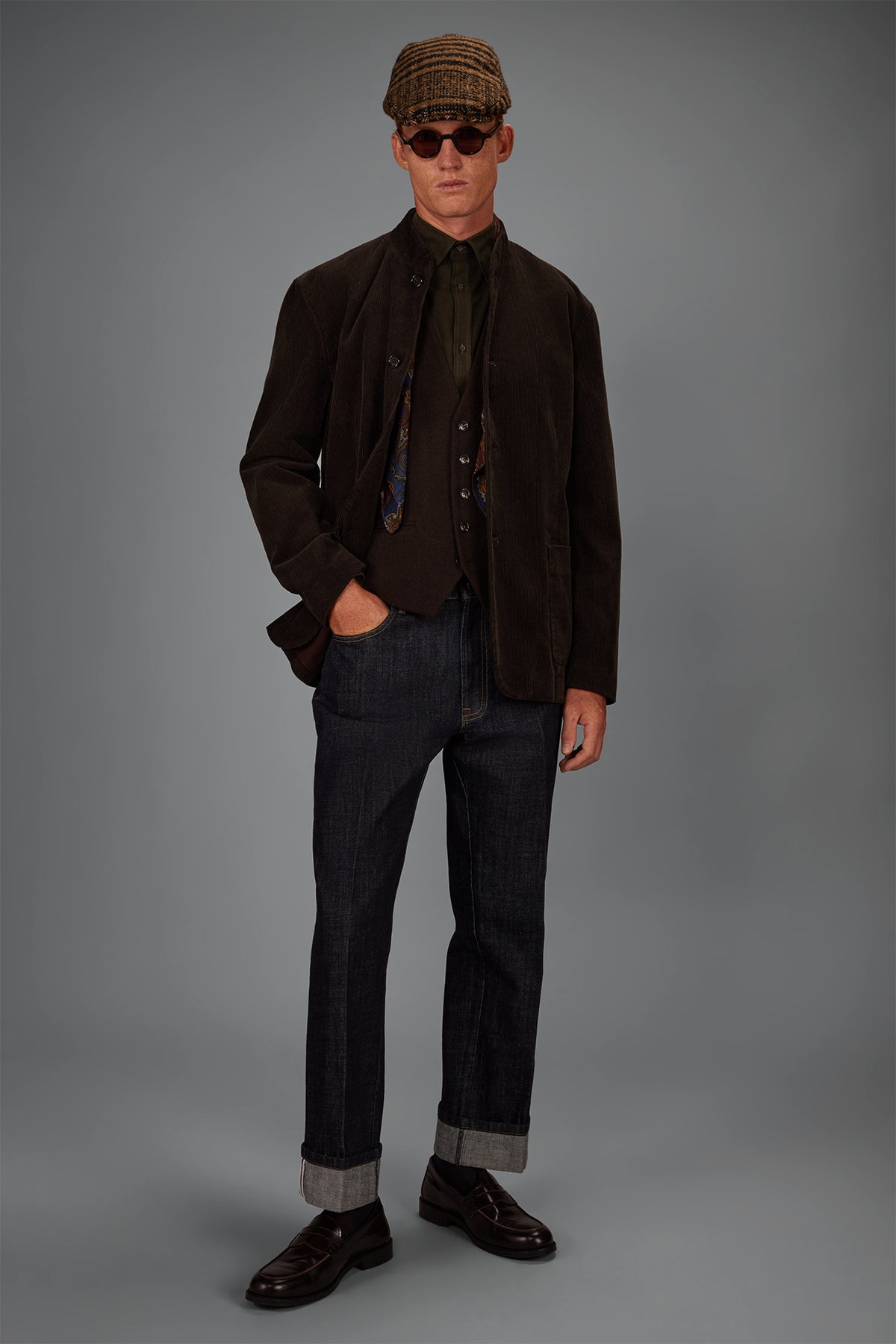 Men's regular fit jacket in cotton velvet with a Mandarin collar