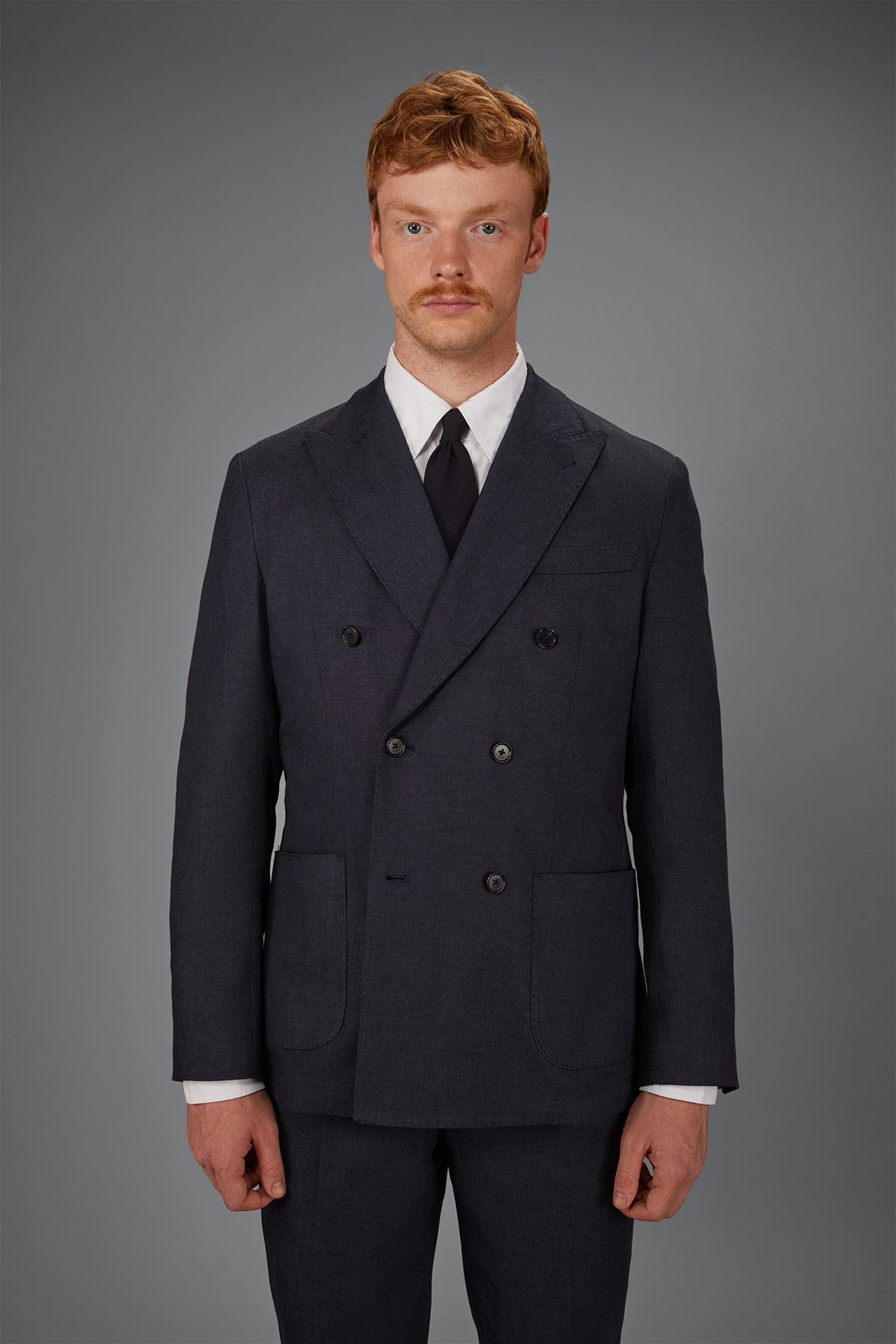 Men's unlined double-breasted jacket in linen and cotton chambray blend