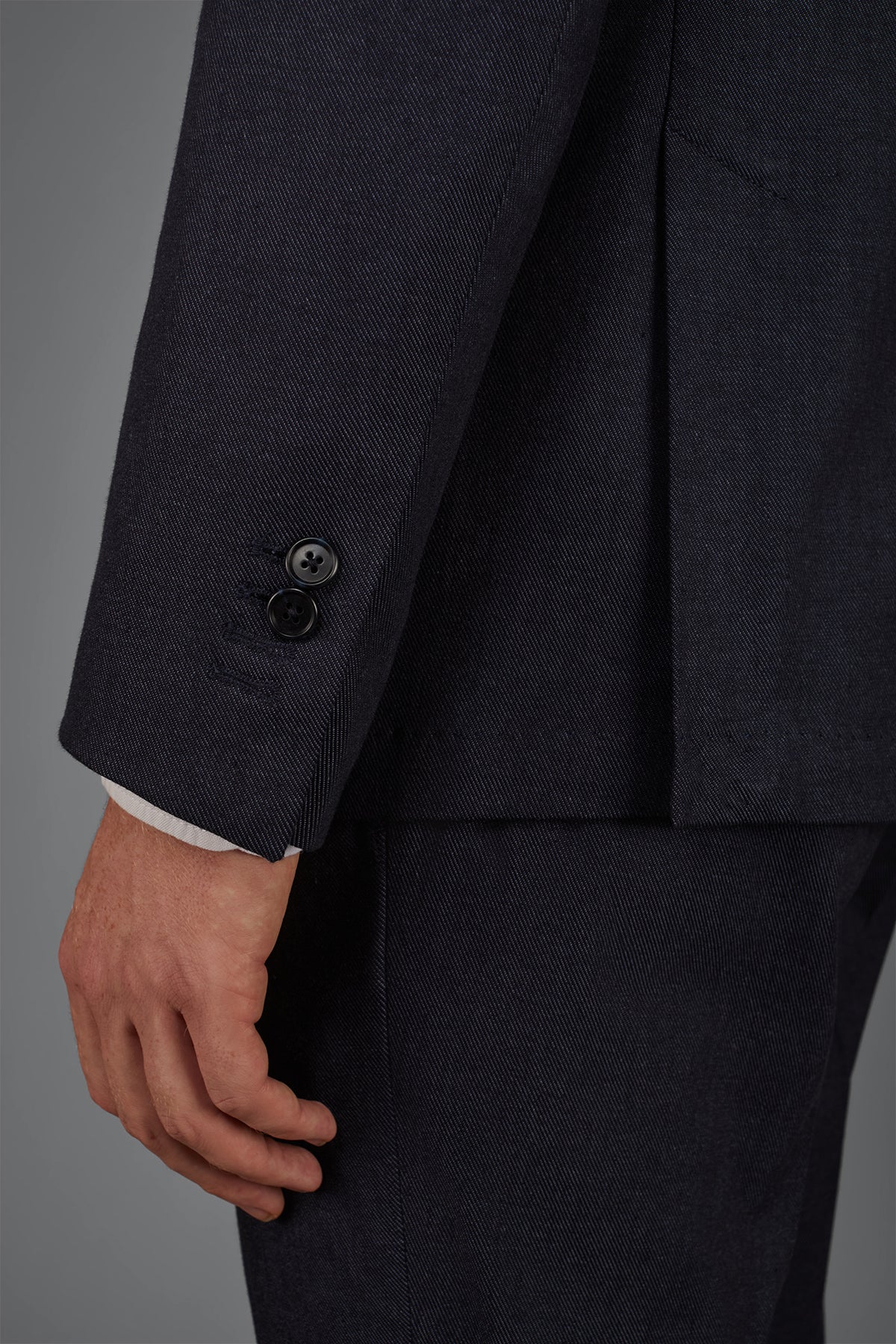 Men's unlined double-breasted jacket in linen and cotton chambray blend