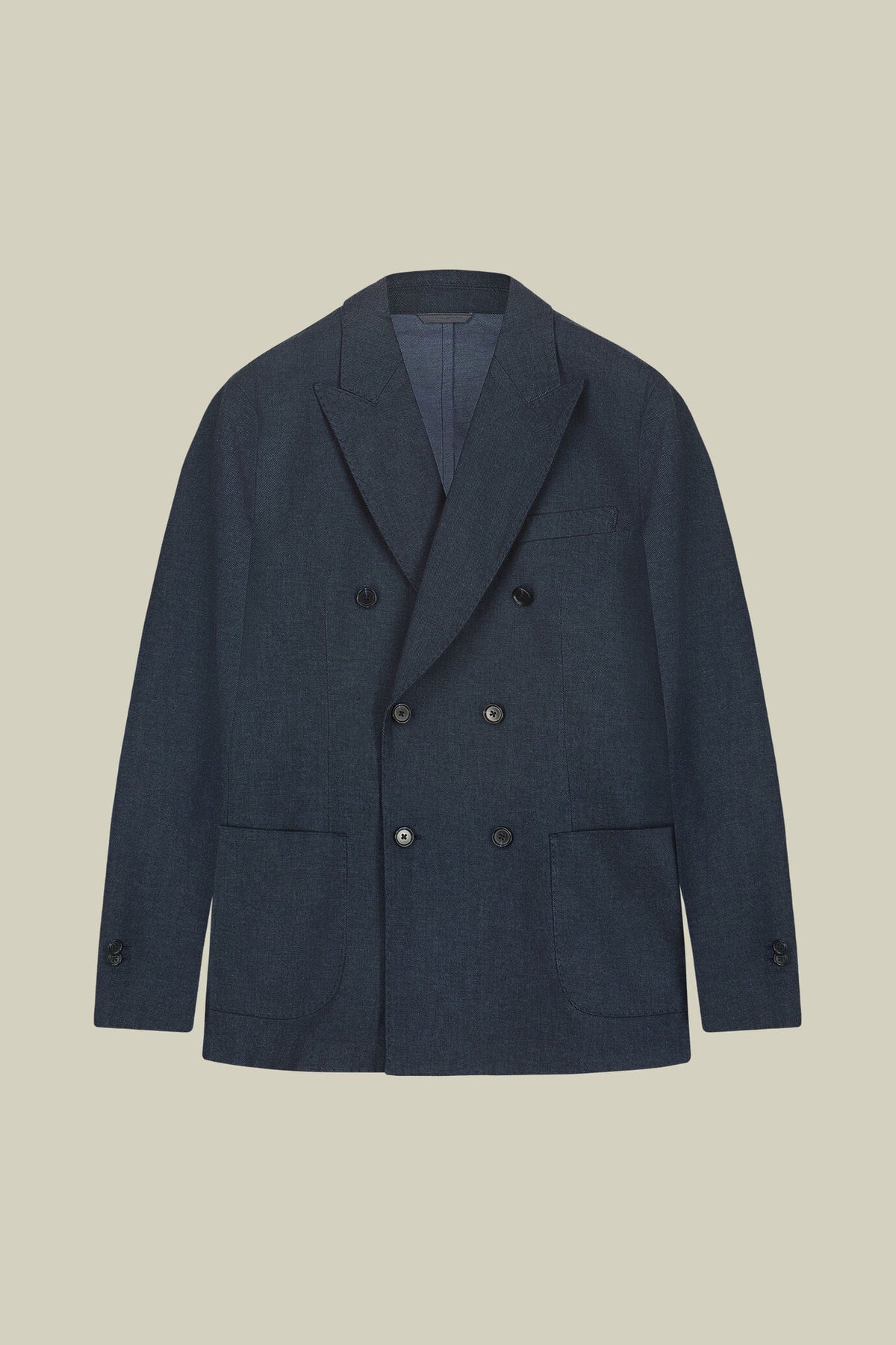 Men's unlined double-breasted jacket in linen and cotton chambray blend