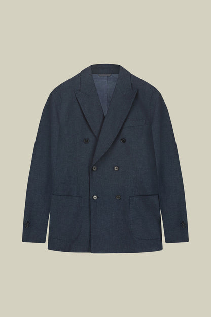 Men's unlined double-breasted jacket in linen and cotton chambray blend