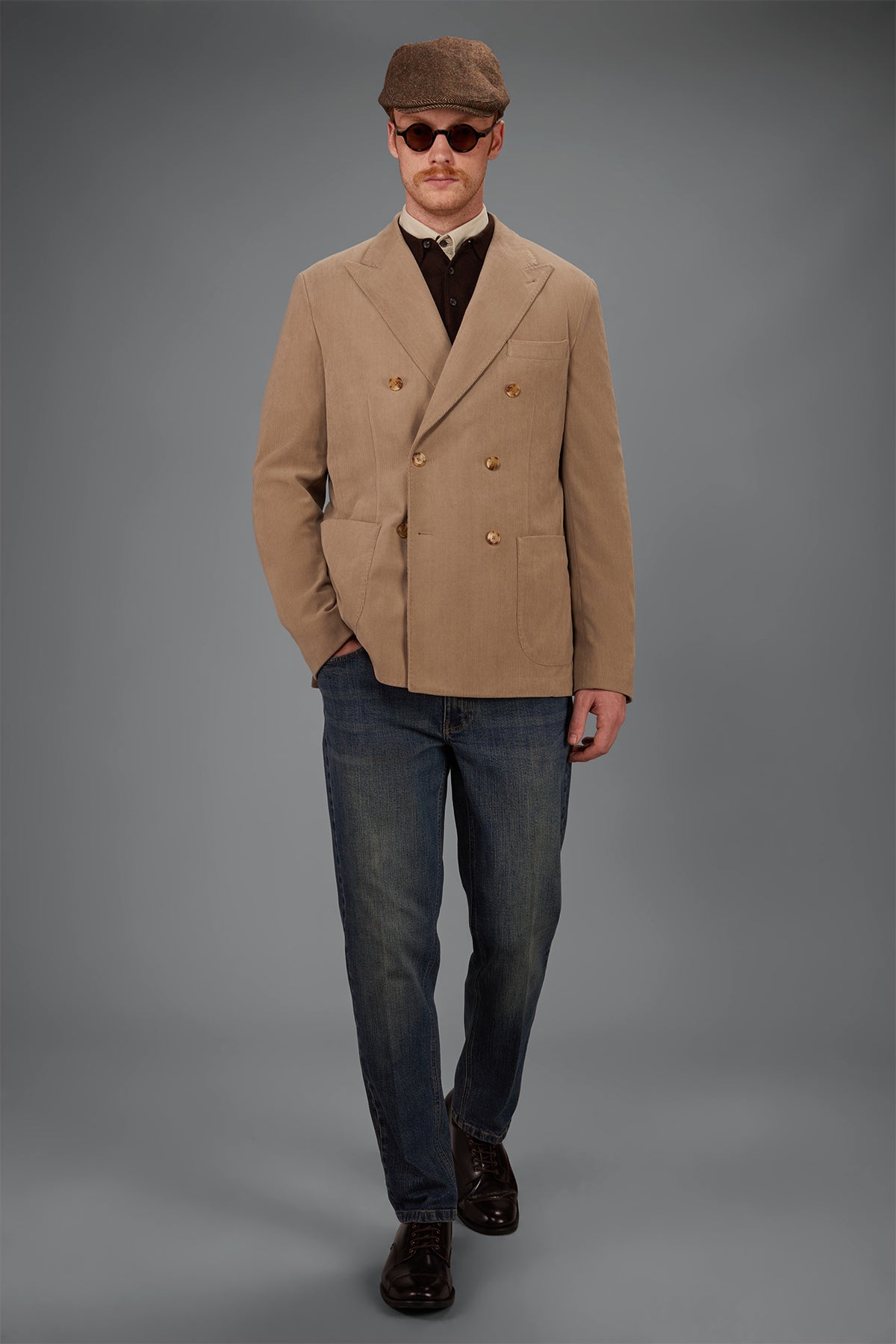 Men’s unlined Double-Breasted jacket in velvet-effect fabric regular fit
