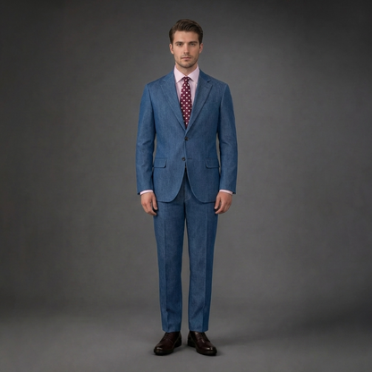 Single-breasted men's suit with classic single-pleat trousers, in pure combed wool with herringbone weave
