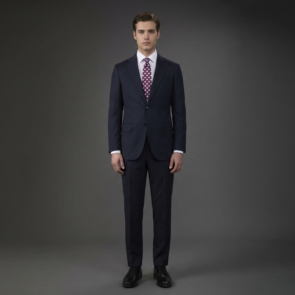 Single-breasted men's suit with classic single-pleat trousers, in pure combed wool with herringbone weave