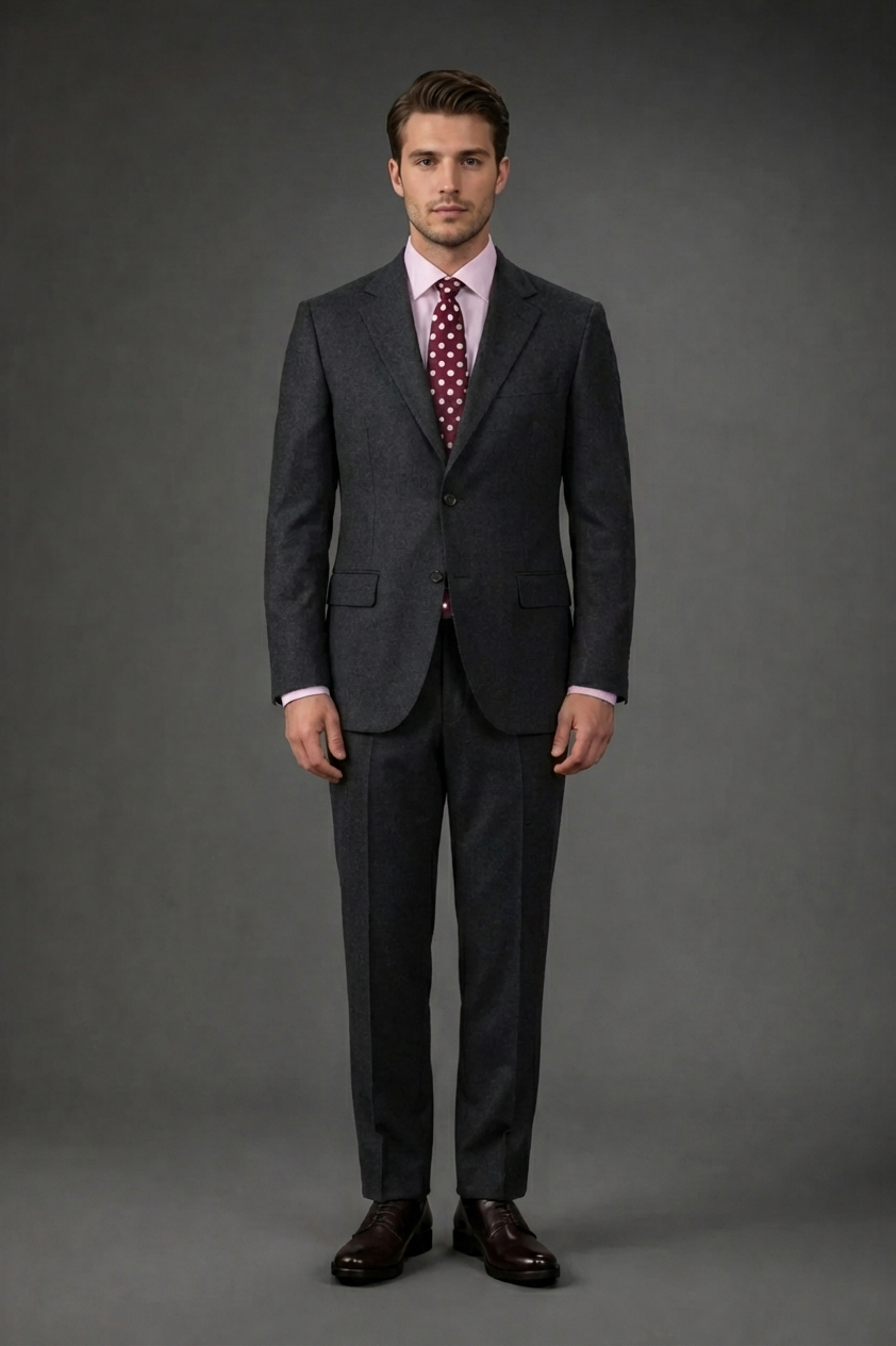 Single-breasted men's suit with classic single-pleat trousers, in pure combed wool with herringbone weave