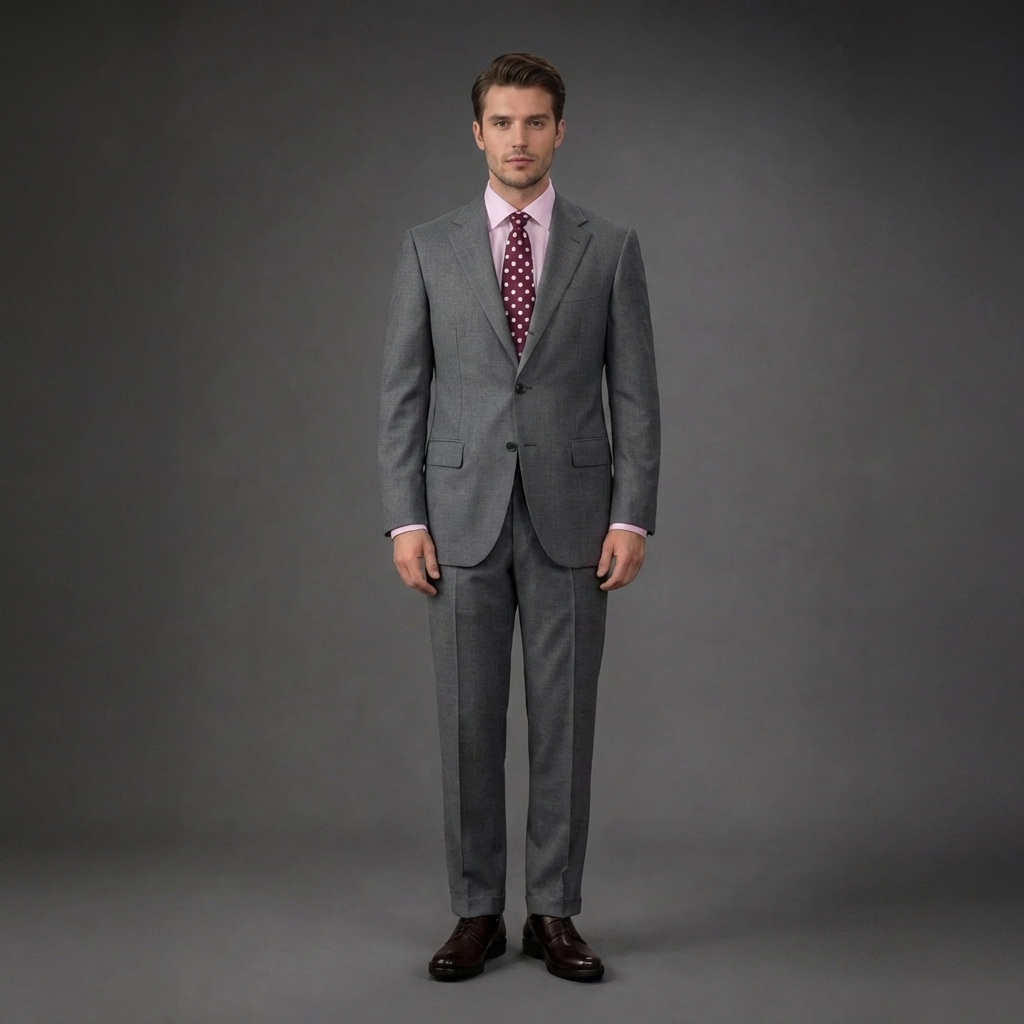 Single-breasted men's suit with classic single-pleat trousers, in pure combed wool with herringbone weave