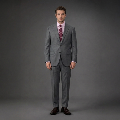 Single-breasted men's suit with classic single-pleat trousers, in pure combed wool with herringbone weave